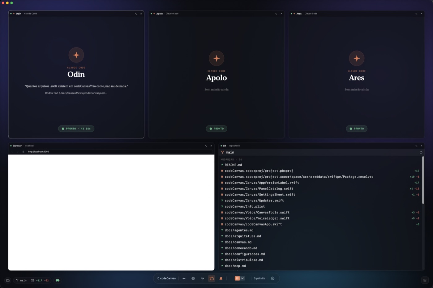 Tela do CanvasCode: vários agentes em painéis lado a lado, com o histórico do repositório aberto ao lado.