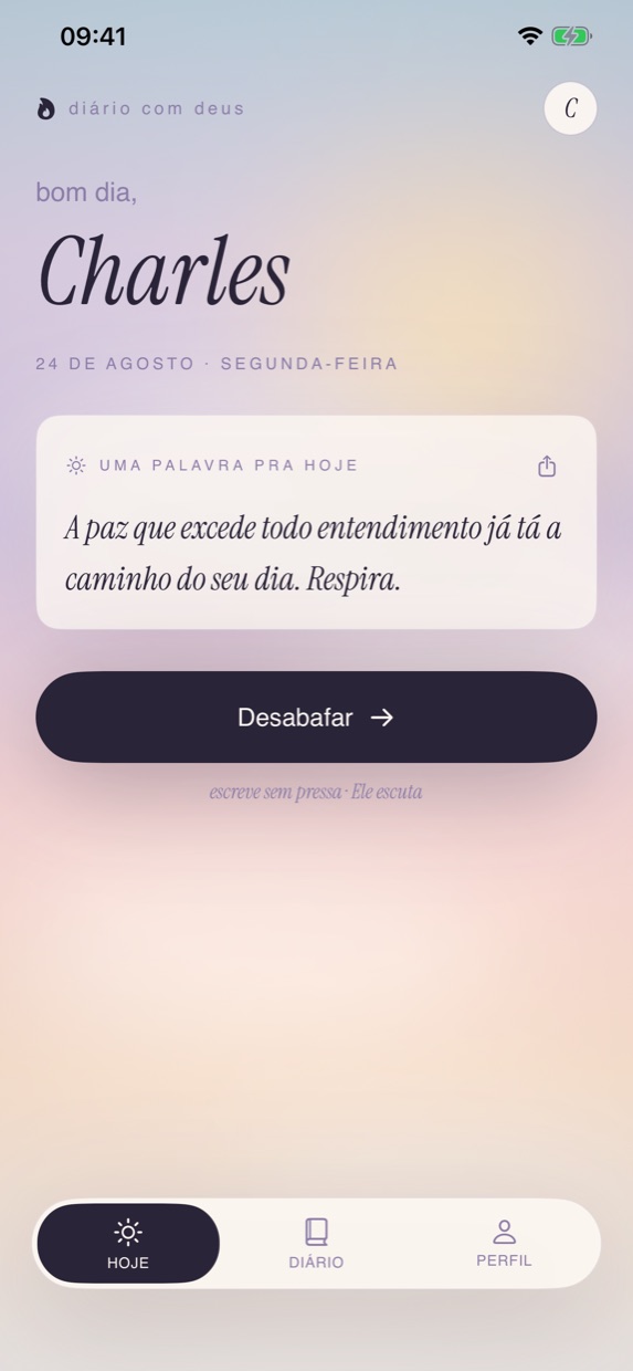 Tela do aplicativo Diário com Deus: a palavra do dia e o botão para desabafar.